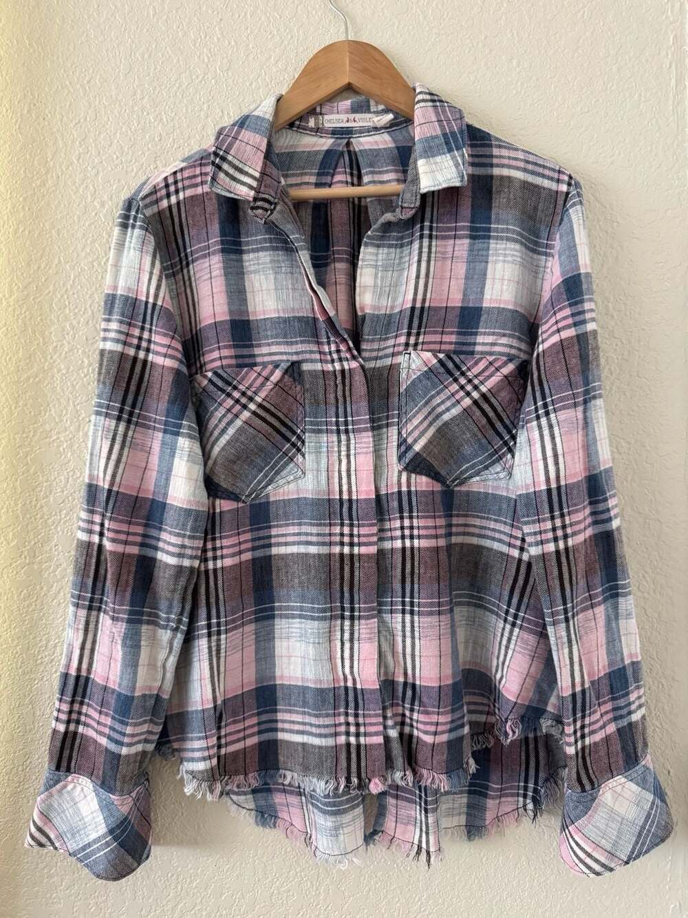 Chelsea & Violet Women's Plaid Linen Blend Raw Hem Button Down Shirt Size M